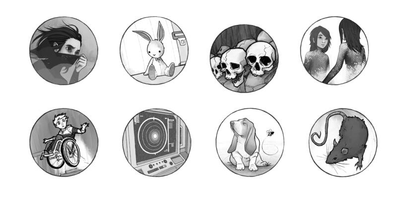 Small circular chapter vignette illustrations in black and white. 