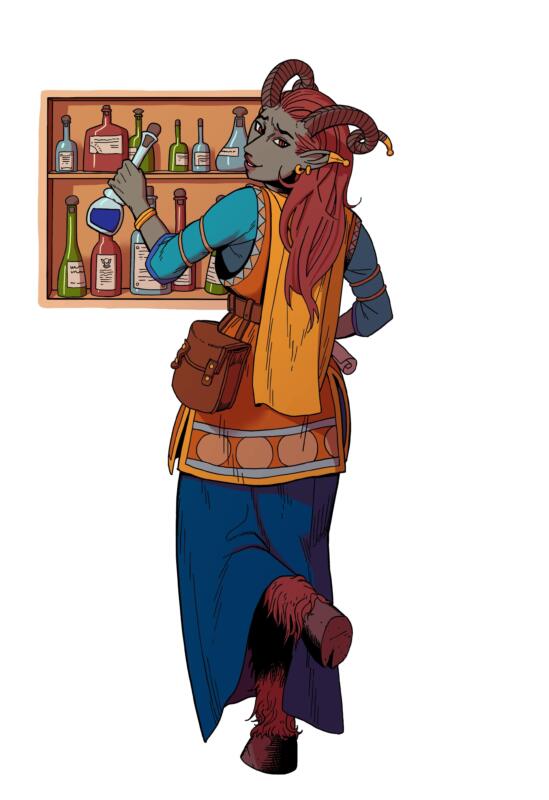 Illustration in color of a tiefling for the game esoteric ebb