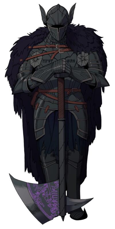 Illustration of a large dark knight in armor with an axe