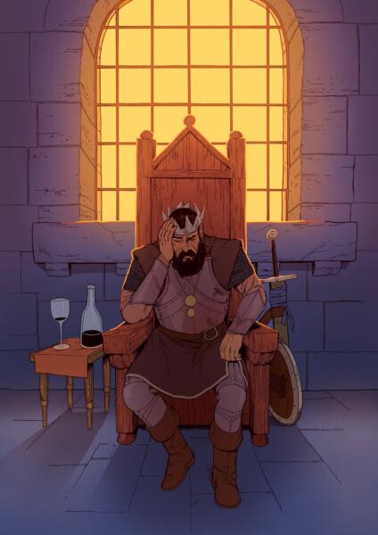 Digital målning i färg av en kung som sitter förtvivlad på sin tron