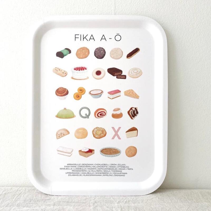 Tray with illustrations of Swedish Fika from A to Ö