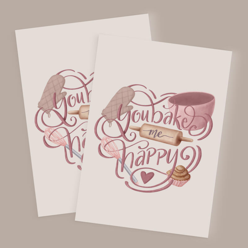 Funny Greeting card with baking illustration and lettering - Bake me happy