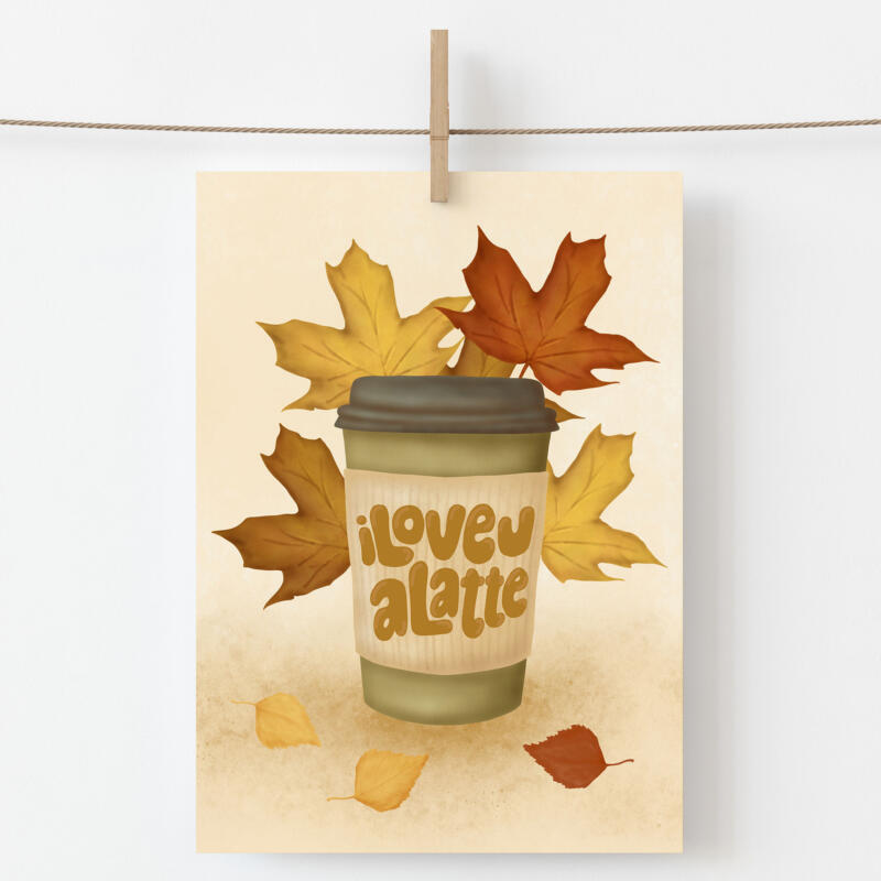 Funny greeting card with fall illustration and lettering - Love U a latte