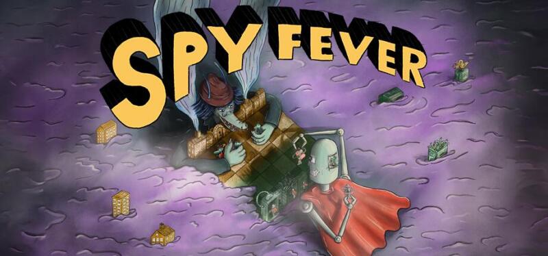 Omslags bild till spelet Spy fever, en spion utomjording spelar mot en robot spion i ett lila hav av dimma.