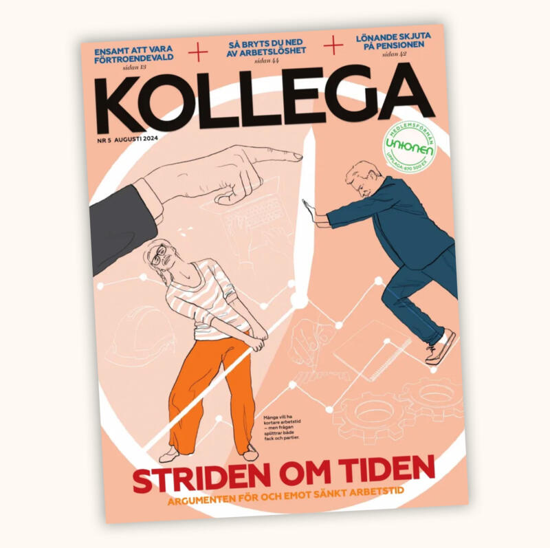 illustration av kvinna och man som drar i en klocka, omslag till tidningen kollega. Förkortad arbetstid.