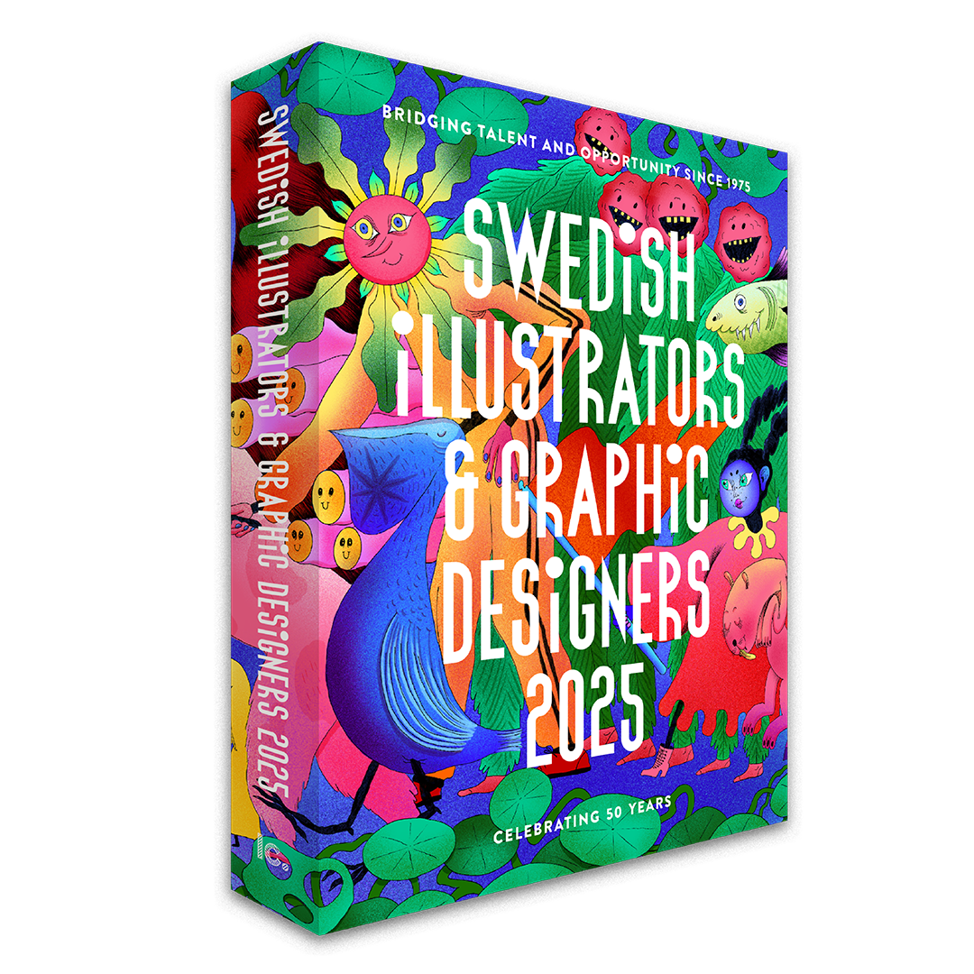 Framsidan av katalogen Swedish Illustrators & Graphic Designers 2025 visar färgglada fantasivarelser