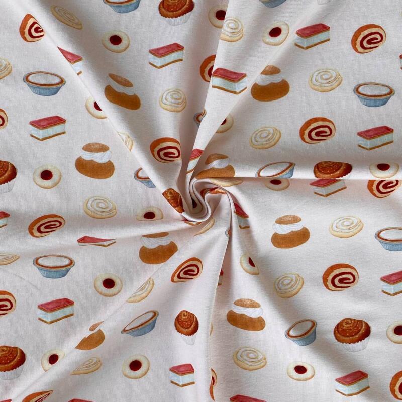 Swedish fika pattern with famous pastries and cookies on light fabric