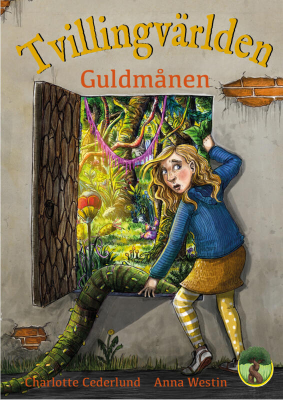 Omslaget för Guldmånen. Del 1 i serien Tvillingvärlden som är en hel-illustrerad kapitelbok för åldern 6-9 år. 