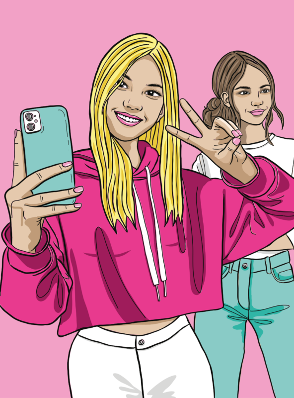 Illustration på ung tjej som tar en selfie