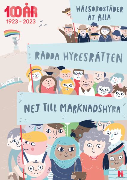 Alt En färgillustration av människor som protesterar för bostäder och hyresgästers rättigheter. Ett firande av olika människor från förr till nutid i Göteborg.