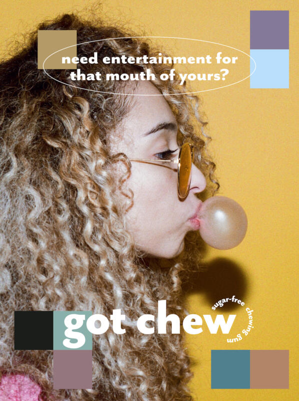 Advertisment design for a gum brand with a woman blowing a bubble