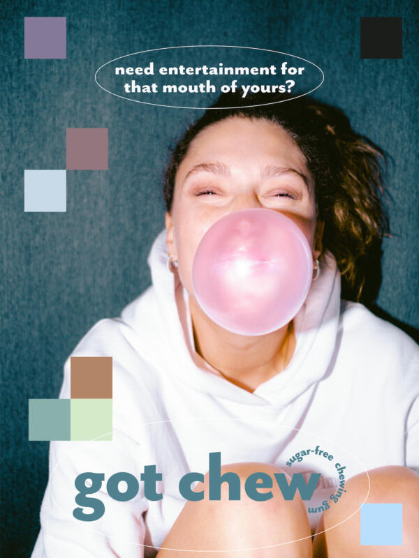 Advertisment design for a gum brand with a woman blowing a bubble