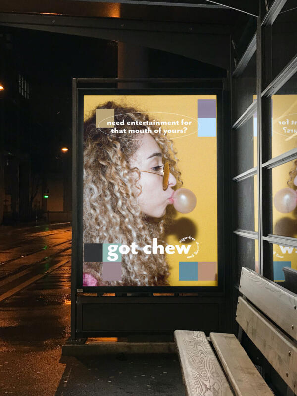 Advertisment design for a gum brand with a woman blowing a bubble