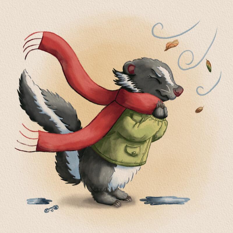 Söt digital barnboks illustration av en skunk som är ute på promenad under en blåsig höstdag. Illustrationen är i akvarell och färgpennor stil för att skapa lekfullhet.