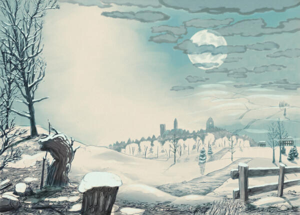 Atmospheric book illustration in cold snowy moonlit new year landscape.