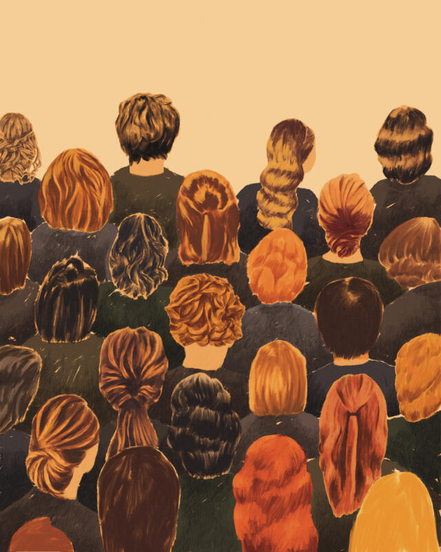 Hand painted illustration of the back of heads of people standing in an audience.