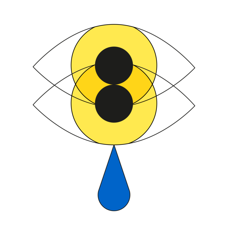 Illustration av två gråtande ögon i färgerna gult och blått som sörjer den ryska invasionen av Ukraina