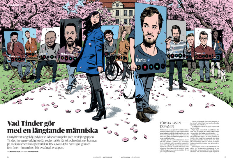 En kvinna i en park med levande Tinder avatars, körsbärsblommor i bakgrunden