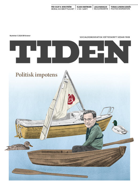 Tidningsomslag med illustrerad framsida. Ulf Kristersson sitter i en eka och har tappat ena åran.