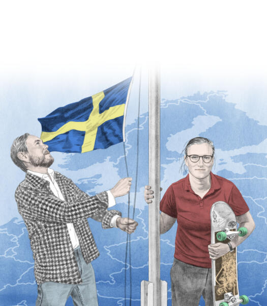 Två svenska politiker hissar svenska flaggan mitt i Europa. Tecknad bild i blyerts och akvarell.