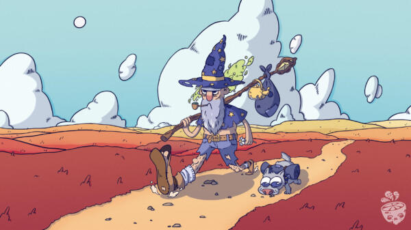 A quirky wizard and his dog trek through a colorful desert landscape, surrounded by whimsical clouds in a playful cartoon style.