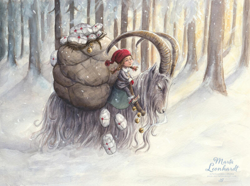 Tomtenissa rider på en Julbock genom snön i skogen. Illustration i akvarell av Marta Leonhardt. Tema svensk jul, snö, tomte, folktro, traditioner, presenter, nostalgi, julmagi, vinter, svensk natur, julbocken, väsen och sagor. Illustration för barnbok, sagobok, bilderbok, julkort, julprodukter.