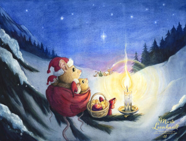 Julmotiv i akvarell för Hedlundgruppen. Mössen firar jul i en gran och ser ut över snöklätt landskap med skog, en liten by och blå stjärnhimmel. Mysig stämning av klassisk sagobok, med julmagi. Handmålad illustration av Marta Leonhardt lämplig för sagor, bilderböcker, 6-9 år, barnböcker, samt produkter för jul som julkort, presentpåsar, julböcker, julgranspynt, klistermärken, servetter och underlägg. Gammaldags julkort, nostalgi.