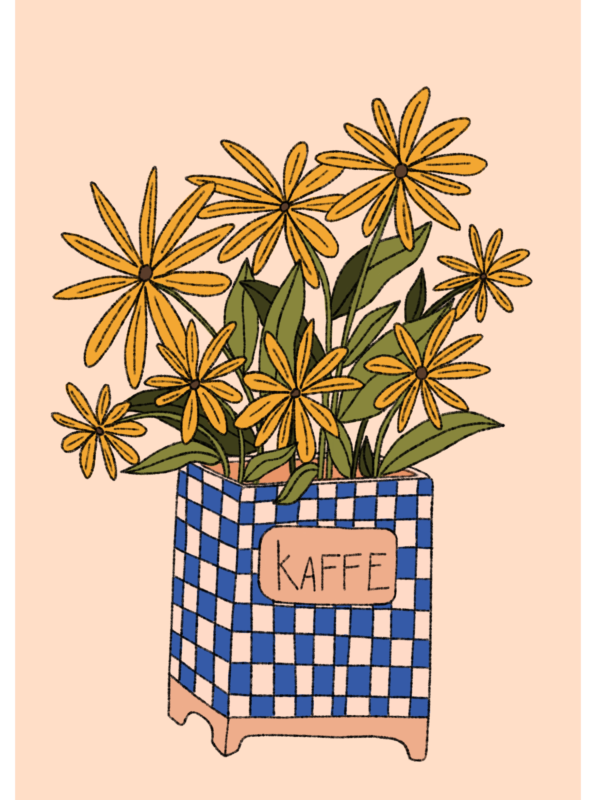 Färgglad och lekfull illustration av en retro kaffeburk med en bukett gula blommor i.