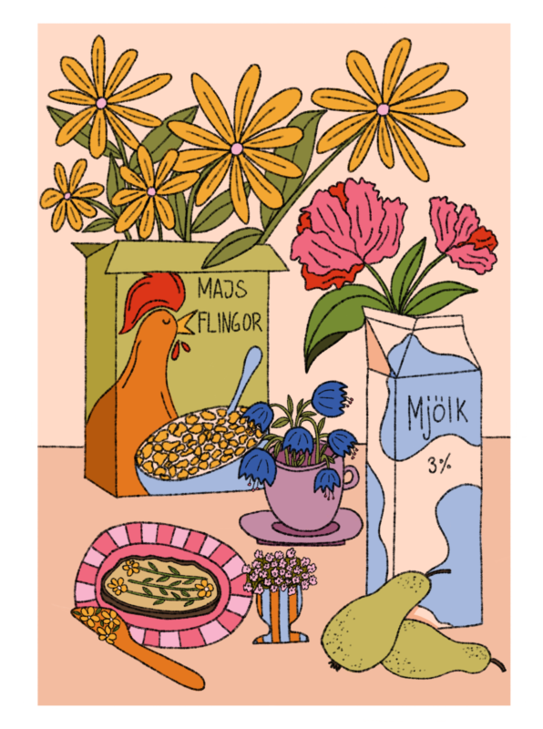 Färgglad, lekfull och humoristisk illustration av ett retro frukostbord med massa blommor.