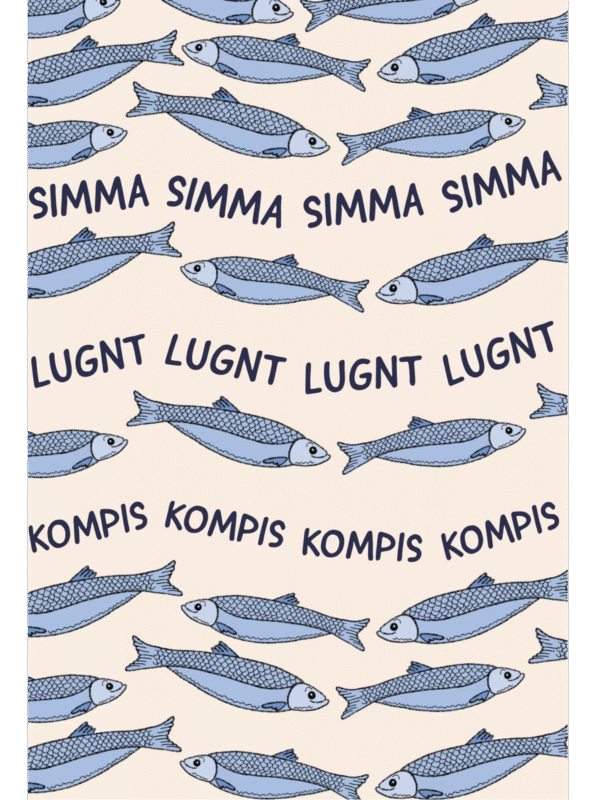 Humoristisk illustration med fiskar som simmar i ett stim. 