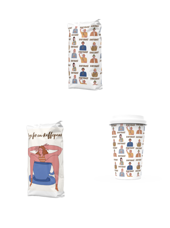 Kaffeförpackningar med färgglada och humoristiska illustrationer med människor som dricker kaffe.