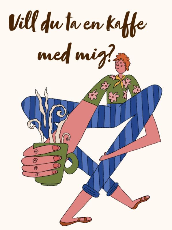 Färgglad och humoristisk illustration på en människa som sträcker fram en kopp kaffe. 