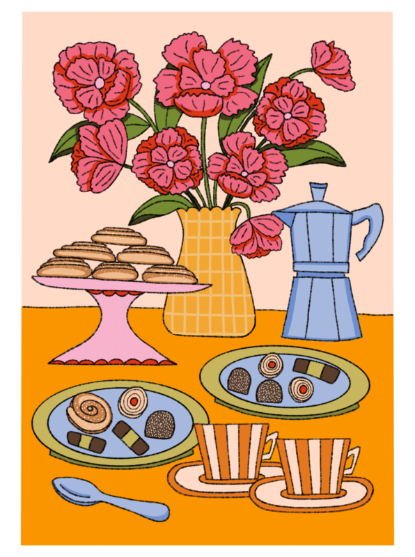 Färgglad och lekfull illustration på ett klassiskt svenskt fikabord med bullar, kakor, kaffe och blommor.