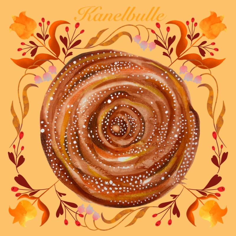 Illustration av en kanelbulle med dekorativa blommor målad i akvarell