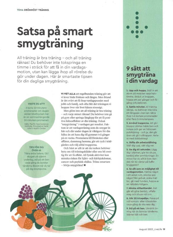 Tidningsillustration om vardagsmotion med cykel, vattenkanna och höstväxter.