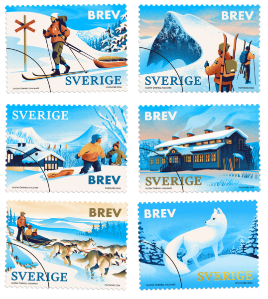 Winter themed stamps, depicting typical Swedish wildlife and outdoor activities, inspired by retro travel posters.