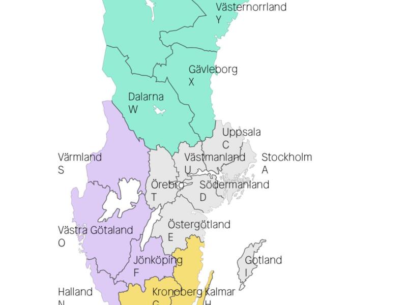 Utsnitt av Sverigekarta med län i olika färger visar Illustratörcentrums regionala uppdelning