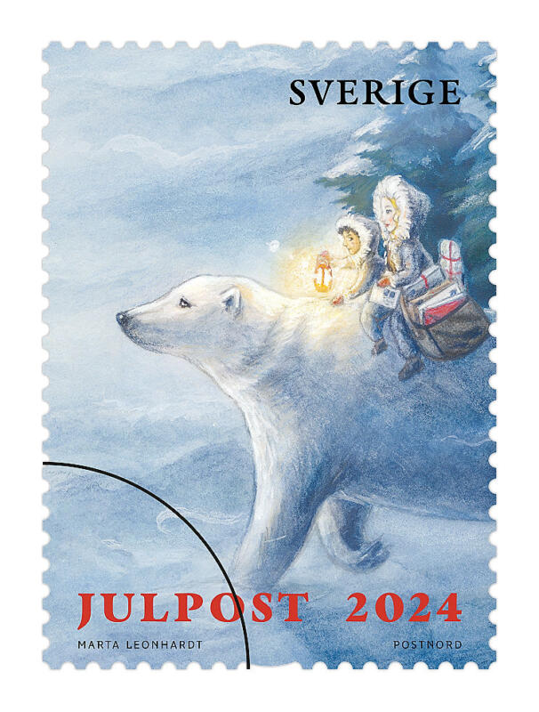 Illustration och grafisk design till PostNords julfrimärken 2024 "En sagolik jul". Målade i akvarell. Svensk natur, snölandskap med isbjörn, brevbärare, paket, post och kuvert. Frimärke.