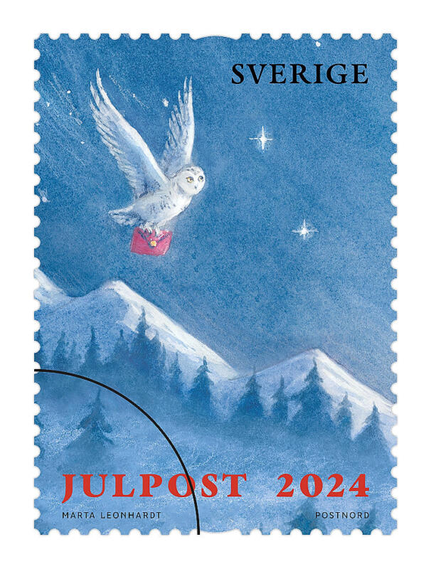 Illustration och grafisk design till PostNords julfrimärken 2024 "En sagolik jul". Målade i akvarell. Svensk natur, snölandskap med fjälluggla. Frimärke.