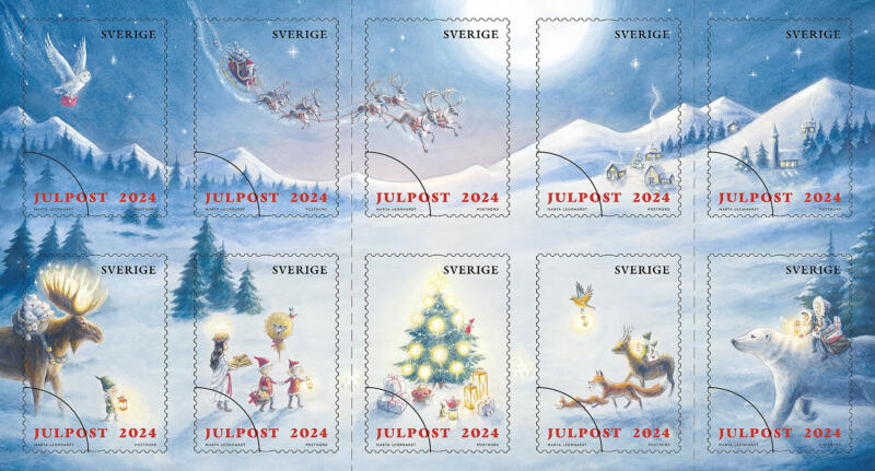 Illustration och grafisk design till PostNords julfrimärken 2024 "En sagolik jul". Målade i akvarell. Svensk natur, snölandskap med skog, tomtar, lucia, tomtens släde, isbjörn, älg, räv, djur och hus. Frimärke.