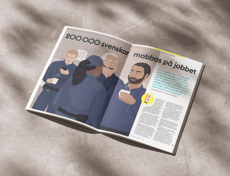 Tidningsuppslag som visar reportaget om mobbning på arbetsplatsen med illustrationen av väktarna som fryser ut sin kollega.