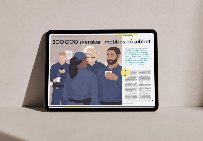 Surfplatta som visar den digitala publikationen av reportaget om mobbning på jobbet med illustrationen av väktarna på rast.