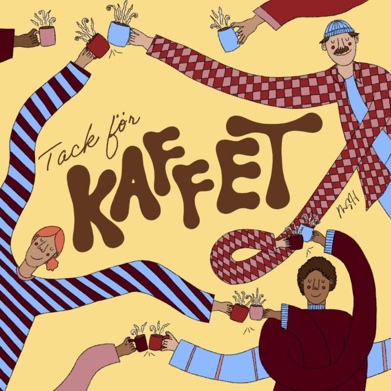 Swish kort till appen swish med en färgglad illustration på människor och armar som skåla med kaffe.