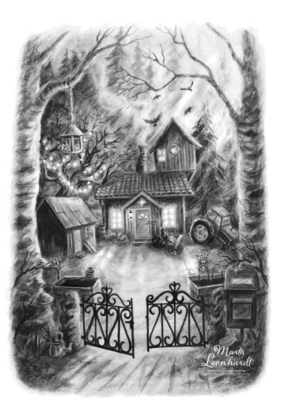 Bokillustration av ett hus eller en stuga vid skogen. Illustration till barnboken "Skrothandlarens dotter" i blyerts och kol. Inspirerat av folktro, natur, magi och historia.