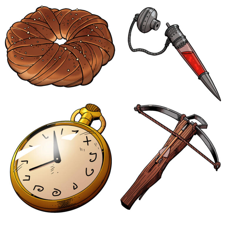 Illustration in color of in-game items for the game esoteric ebb
