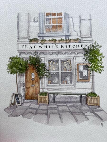 Shopfront illustration, whimsical of ”Flat white Kitchen”