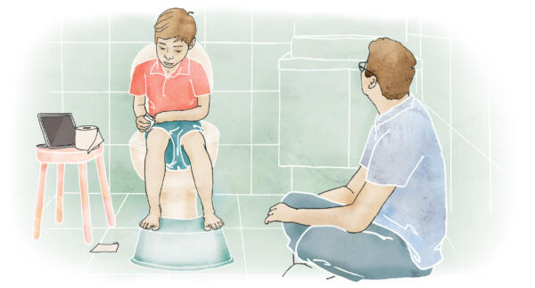 Illustration av pojke som sitter på toalett i badrum med sin pappa