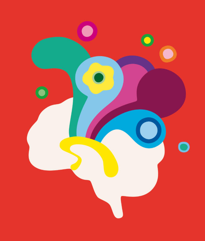 En hjärna med glada positiva symboler i glada färger, förenklat