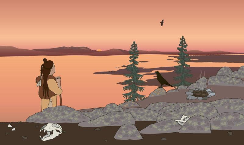 Illustration av en forntida kvinna som blickar ut över fjällen