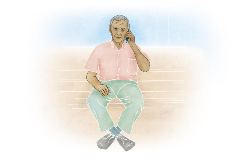 Illustration av äldre man samtalar i mobiltelefon sittandes i soffa